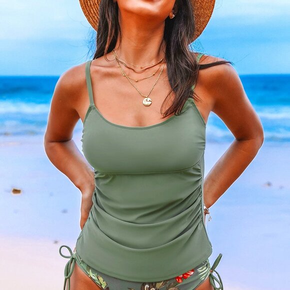 CUPSHE RUCHED OLIVE GREEN AND FLORAL DRAWSTRING TANKINI SWIMSUIT  SIZE XS NWT - Picture 11 of 11